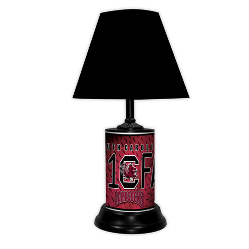 South Carolina Gamecocks tabletop lamp featuring team colors, logo and wording "#1 Fan" with black base and black shade