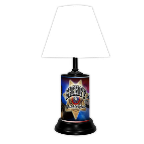 Sheriff "Dedicated to Serve" tabletop lamp featuring team colors, logo and wording "#1 Fan" with white base and white shade