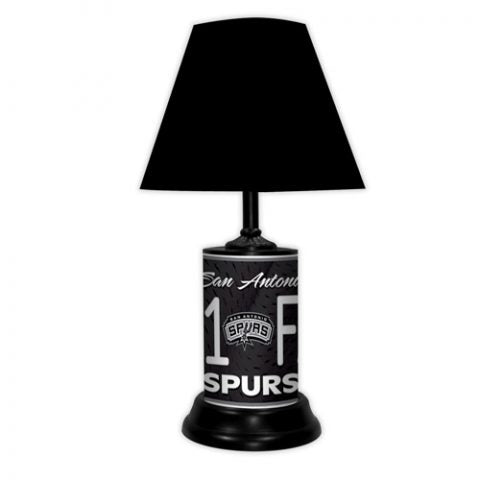 San Antonio Spurs tabletop lamp featuring team colors, logo and wording "#1 Fan" with black base and black shade