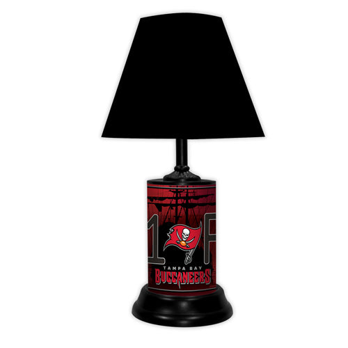 Tampa Bay Buccaneers tabletop lamp featuring team colors, logo and wording "#1 Fan" with black base and black shade