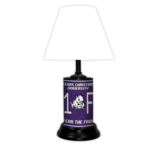 Texas Christian University tabletop lamp featuring team colors, logo and wording "#1 Fan" with black base and white shade