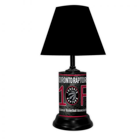 Toronto Raptors tabletop lamp featuring team colors, logo and wording "#1 Fan" with black base and black shade