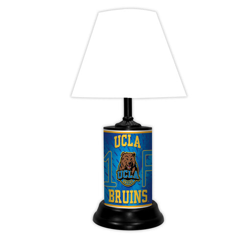 UCLA Bruins tabletop lamp featuring team colors, logo and wording "#1 Fan" with black base and white shade