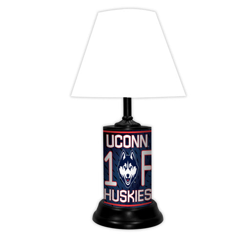 UCONN Huskies tabletop lamp featuring team colors, logo and wording "#1 Fan" with black base and white shade