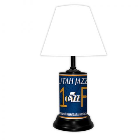 Utah Jazz tabletop lamp featuring team colors, logo and wording "#1 Fan" with black base and white shade