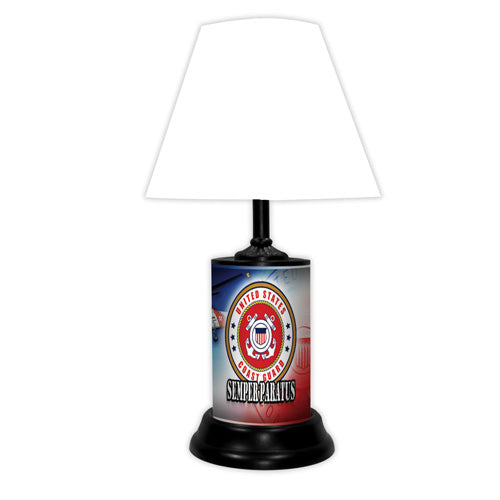 United States Coast Guard Tabletop Lamp with black base and white shade.