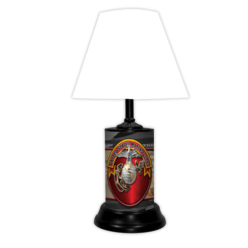 United States marine Corps Tabletop lamp with black base and white shade.