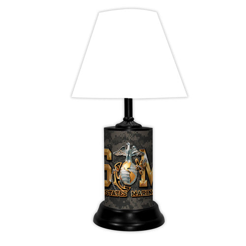 U.S. Marine Corps Table Top Lamp with black base and white shade.