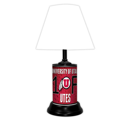 Utah Utes tabletop lamp featuring team colors, logo and wording "#1 Fan" with black base and white shade