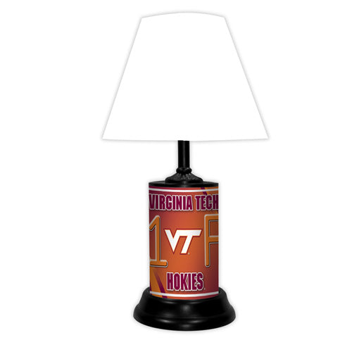 Virginia Tech Hokies tabletop lamp featuring team colors, logo and wording "#1 Fan" with black base and white shade