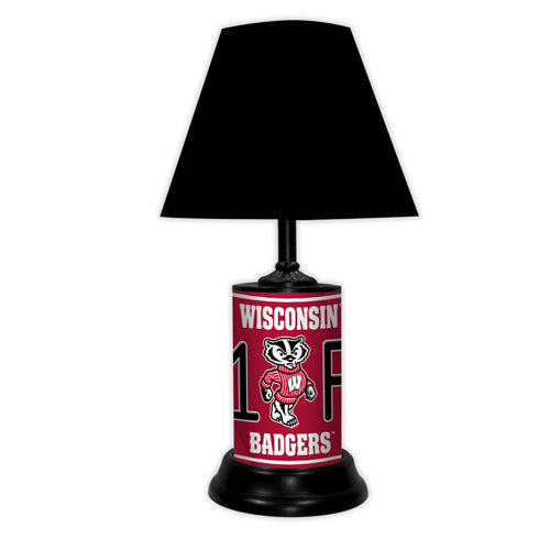 Wisconsin Badgers tabletop lamp featuring team colors, logo and wording "#1 Fan" with black base and black shade