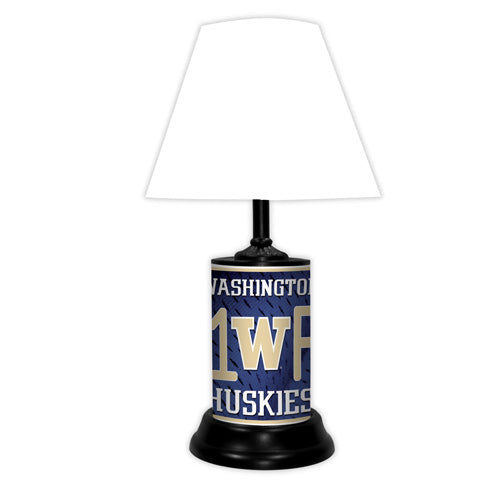 Washington Huskies tabletop lamp featuring team colors, logo and wording "#1 Fan" with black base and white shade