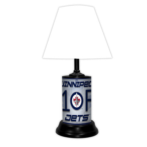 Winnipeg Jets tabletop lamp featuring team colors, logo and wording "#1 Fan" with black base and white shade