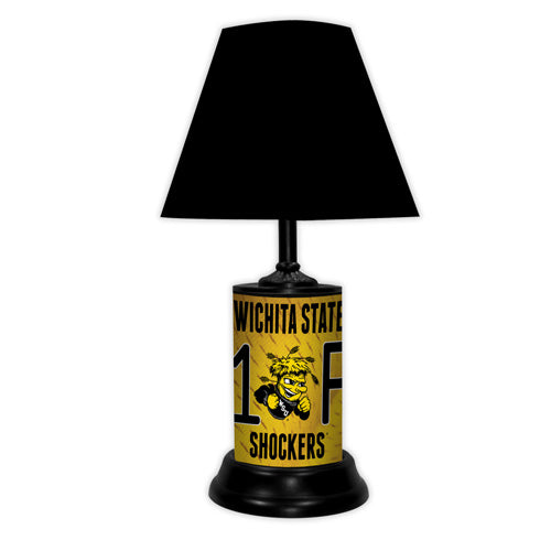 Wichita State Shockers tabletop lamp featuring team colors, logo and wording "#1 Fan" with black base and black shade