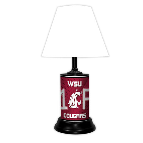 Washington State Cougars tabletop lamp featuring team colors, logo and wording "#1 Fan" with black base and white shade