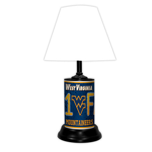 West Virginia Mountaineers tabletop lamp featuring team colors, logo and wording "#1 Fan" with black base and white shade
