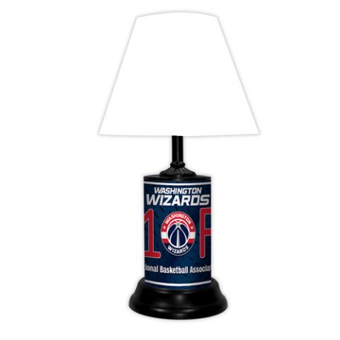 Washington Wizards tabletop lamp featuring team colors, logo and wording "#1 Fan" with black base and white shade