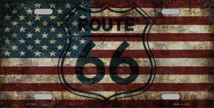 Route 66 USA Flag License Plate: 6"x12", durable aluminum, weather-resistant, predrilled holes. Proudly Made in USA.