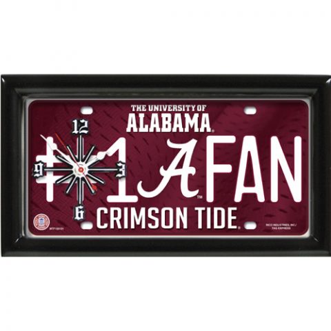 Alabama Crimson Tide rectangular wall clock features team colors and logo with the wording #1 FAN
