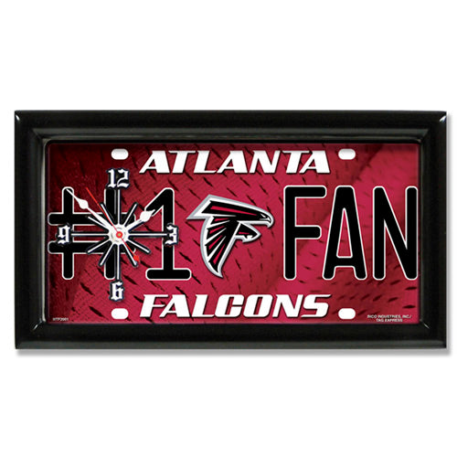 Atlanta Falcons #1 Fan Clock - 7" x 13" wall clock with team graphics, ' #1 FAN ' verbiage, and black satin finished frame. Quartz movement, AA battery not included. Officially licensed by GTEI.