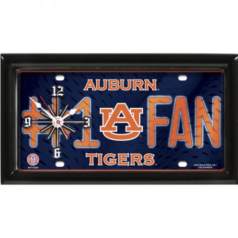 Auburn Tigers rectangular wall clock features team colors and logo with the wording #1 FAN