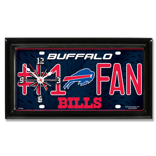 Buffalo Bills #1 Fan Wall Clock: 7"x13" with team graphics, "#1 FAN" verbiage. Quartz movement. Official NFL clock by GTEI.