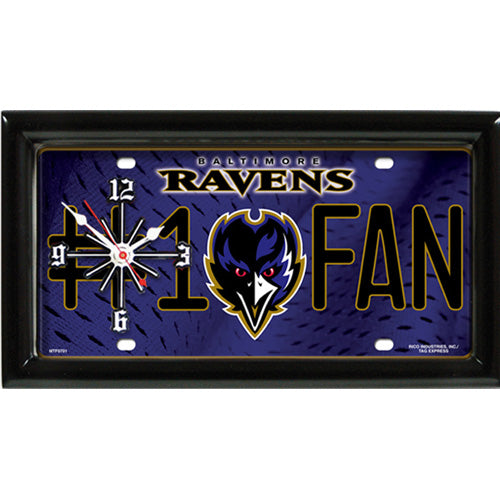 Baltimore Ravens rectangular wall clock features team colors and logo with the wording #1 FAN
