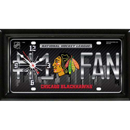 Chicago Blackhawks rectangular wall clock features team colors and logo with the wording #1 FAN
