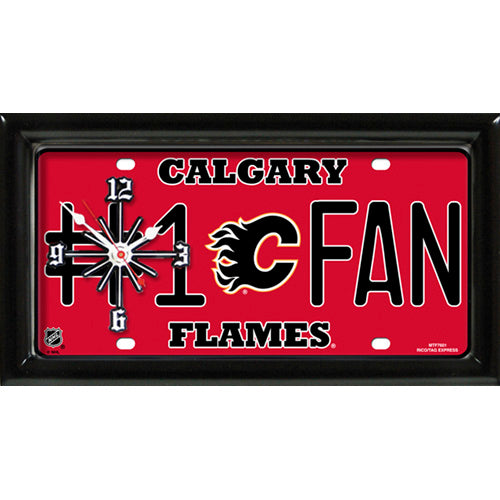 Calgary Flames rectangular wall clock features team colors and logo with the wording #1 FAN