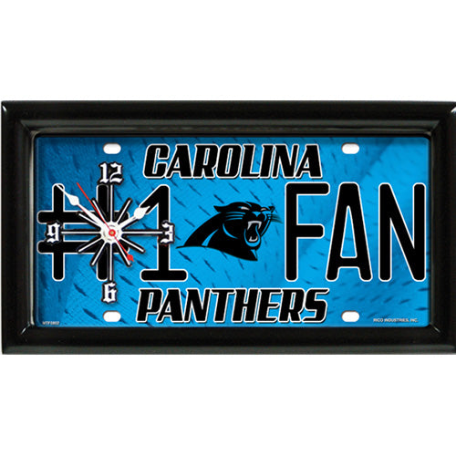 Carolina Panthers rectangular wall clock features team colors and logo with the wording #1 FAN