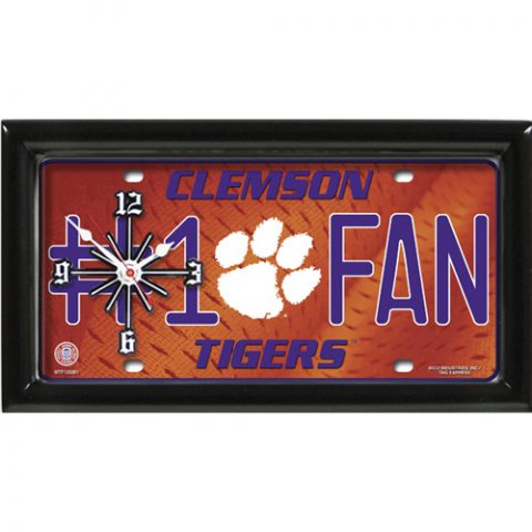 Clemson Tigers rectangular wall clock features team colors and logo with the wording #1 FAN