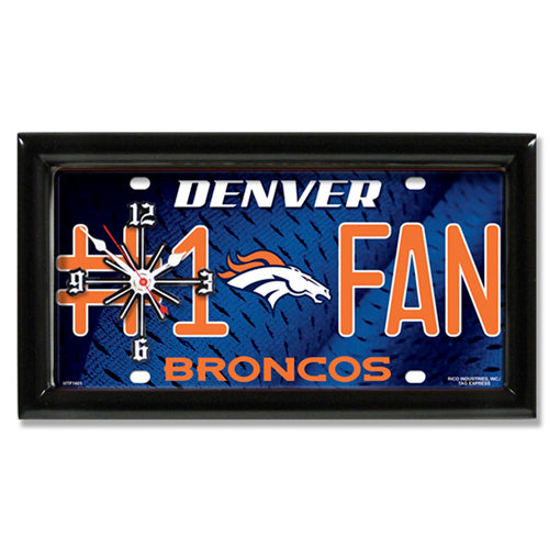 Denver Broncos rectangular wall clock features team colors and logo with the wording #1 FAN
