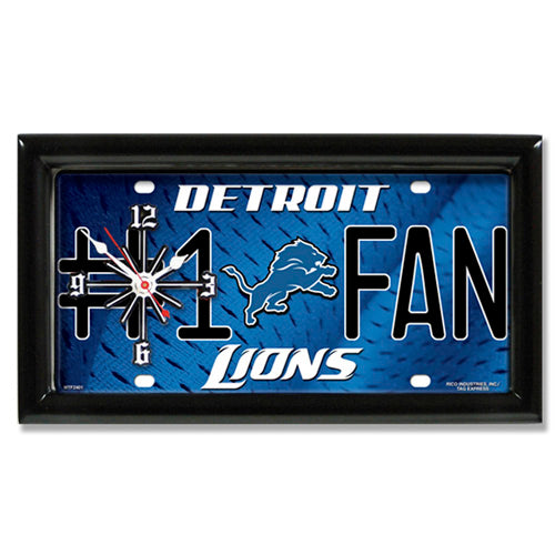 Detroit Lions rectangular wall clock features team colors and logo with the wording #1 FAN