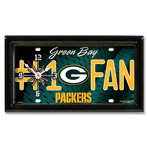 Green Bay Packers rectangular wall clock features team colors and logo with the wording #1 FAN