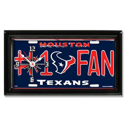 Houston Texans rectangular wall clock features team colors and logo with the wording #1 FAN