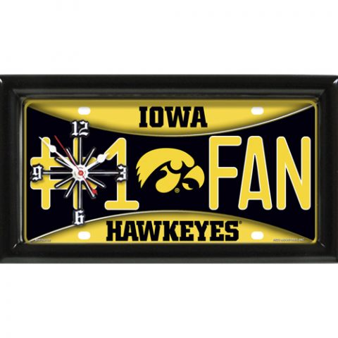 Iowa Hawkeyes rectangular wall clock features team colors and logo with the wording #1 FAN