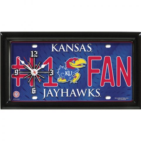 Kansas Jayhawks rectangular wall clock features team colors and logo with the wording #1 FAN