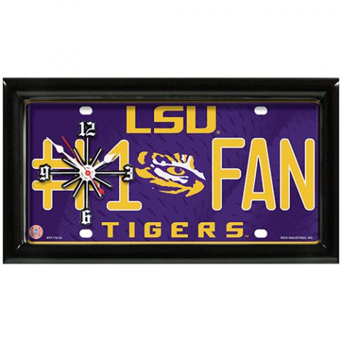 LSU Tigers rectangular wall clock features team colors and logo with the wording #1 FAN