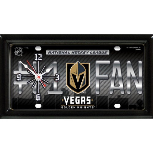 Las Vegas Golden Knights rectangular wall clock features team colors and logo with the wording #1 FAN