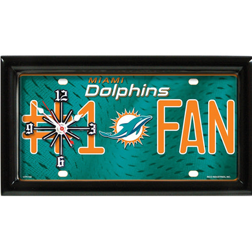 Miami Dolphins rectangular wall clock features team colors and logo with the wording #1 FAN