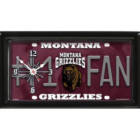 Montana Grizzlies rectangular wall clock features team colors and logo with the wording #1 FAN
