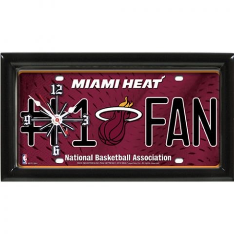 Miami Heat rectangular wall clock features team colors and logo with the wording #1 FAN