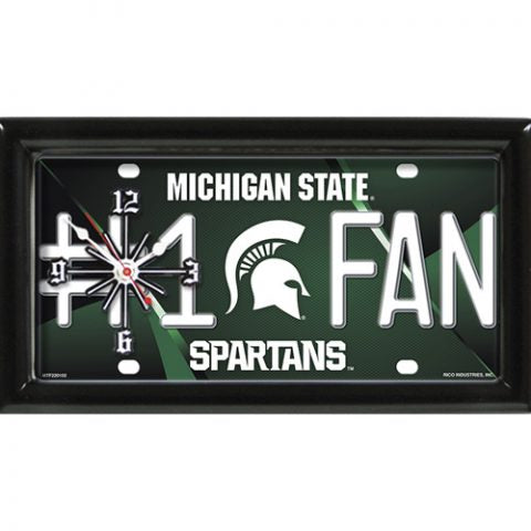 Michigan State Spartans rectangular wall clock features team colors and logo with the wording #1 FAN
