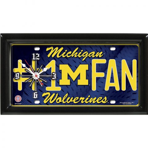 Michigan Wolverines rectangular wall clock features team colors and logo with the wording #1 FAN