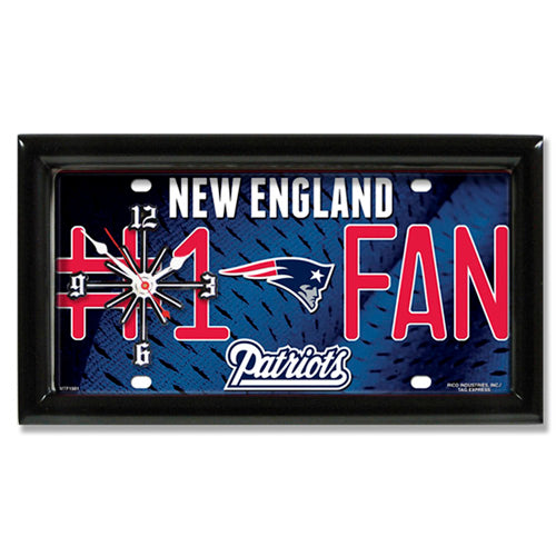 New England Patriots rectangular wall clock features team colors and logo with the wording #1 FAN