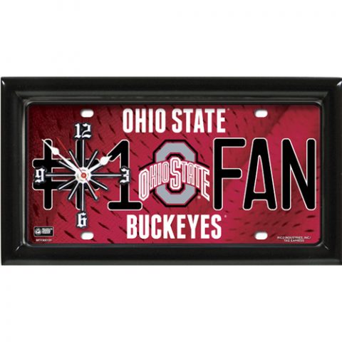 Ohio State Buckeyes rectangular wall clock features team colors and logo with the wording #1 FAN