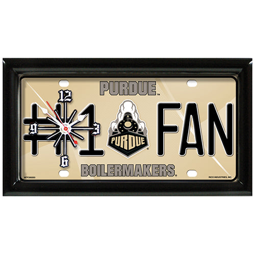 Purdue Boilermakers rectangular wall clock features team colors and logo with the wording #1 FAN