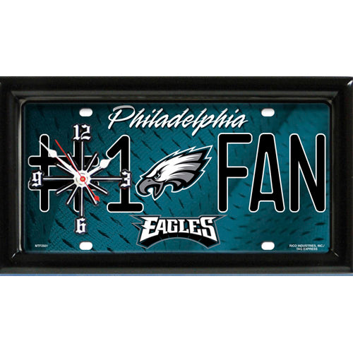 Philadelphia Eagles rectangular wall clock features team colors and logo with the wording #1 FAN