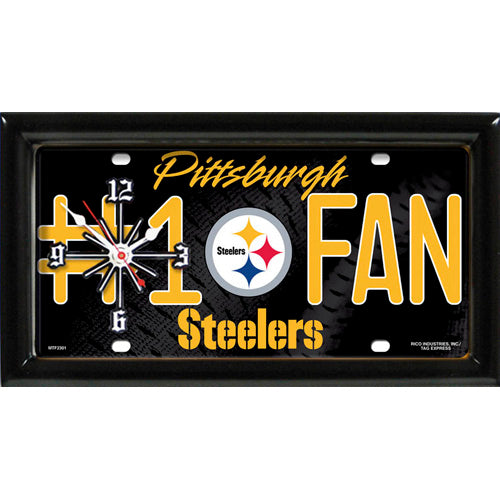Pittsburgh Steelers rectangular wall clock features team colors and logo with the wording #1 FAN