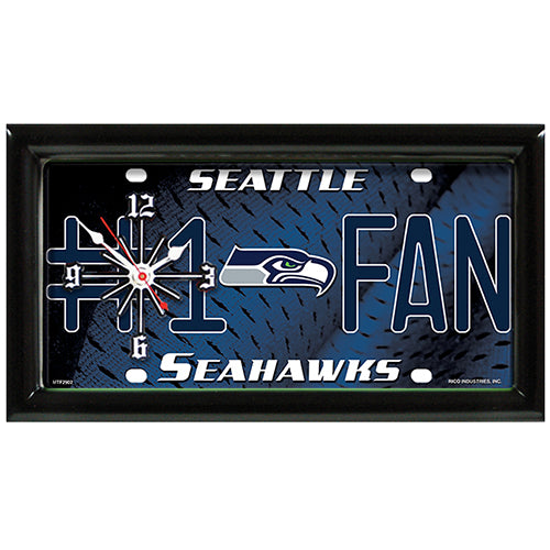 Seattle Seahawks rectangular wall clock features team colors and logo with the wording #1 FAN